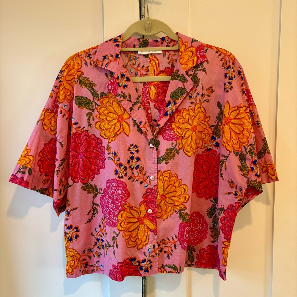 Karlie Pink Floral Short Sleeve Button Up Shirt - Large